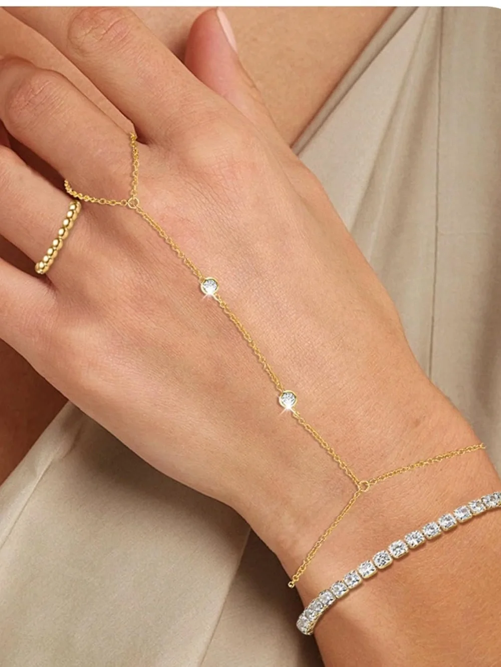 Anthropologie Gold Hand Chain with Clear Stones